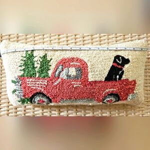 Decorative Christmas dog pillow. Black lab in vintage truck.